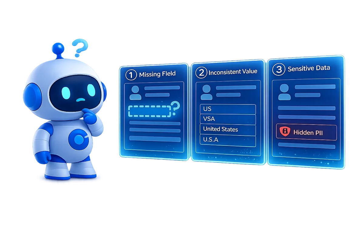 A data assistant reviewing three flawed Salesforce records — a missing field, inconsistent values, and hidden PII