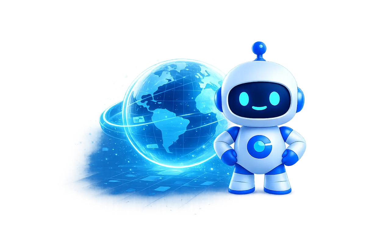 The AgentforceSense assistant standing confidently beside a glowing globe of connected Salesforce data